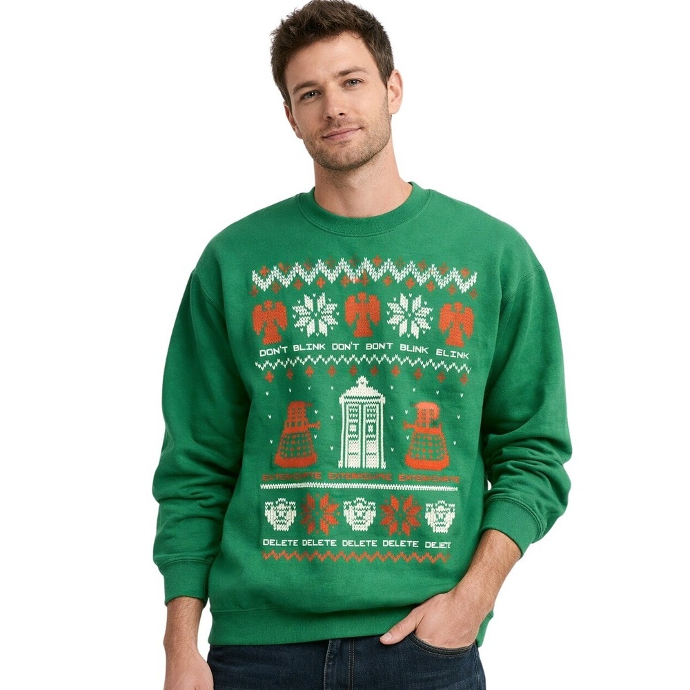 Doctor Who Sweatshirt Unisex M Green TARDIS Dalek Ugly Christmas Holiday Graphic